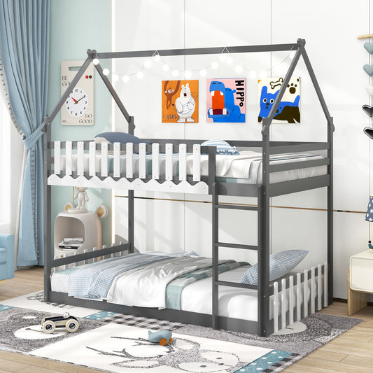 Twin Over Twin Bunk Bed With Fence And Ladder, Gray Bunk Bed Frame Gray at Gallery Canada