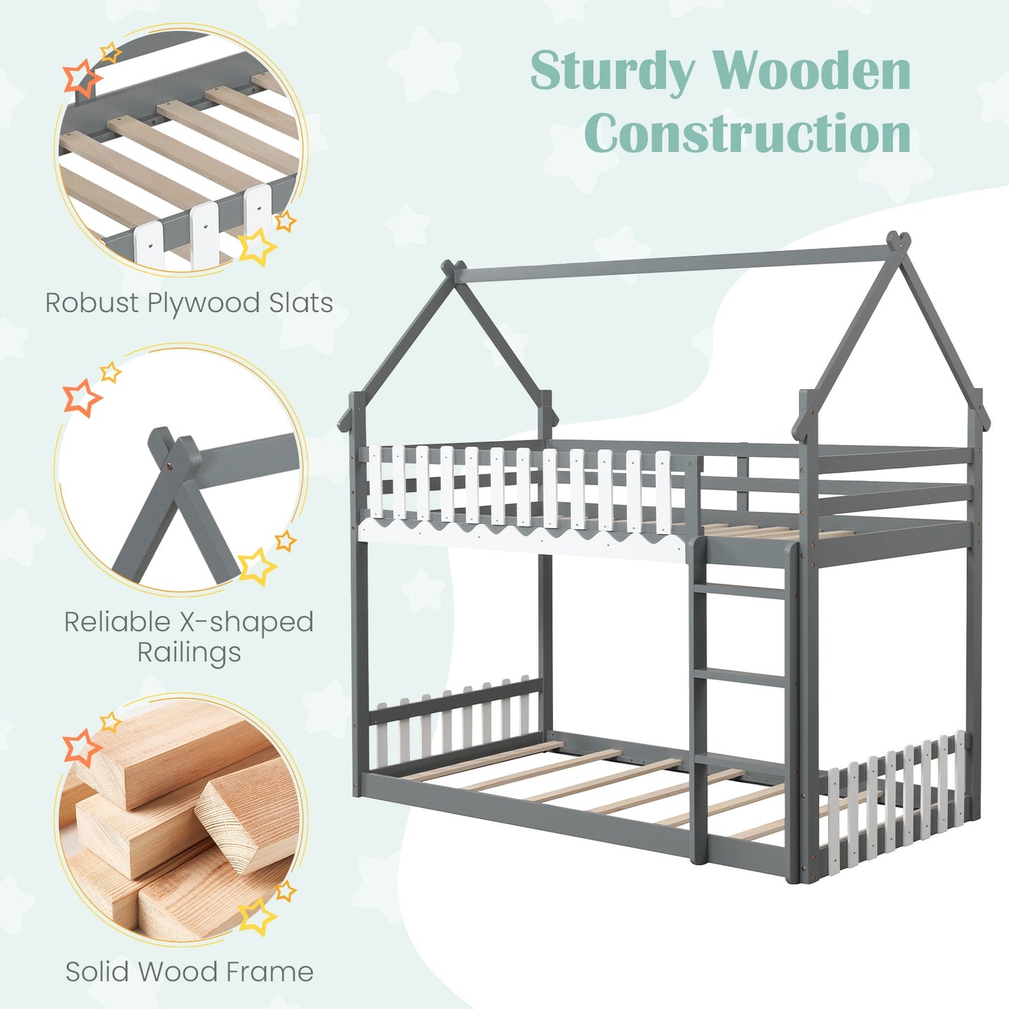 Twin Over Twin Bunk Bed with Fence and Ladder for Kids, Gray Bunk Bed Frame at Gallery Canada