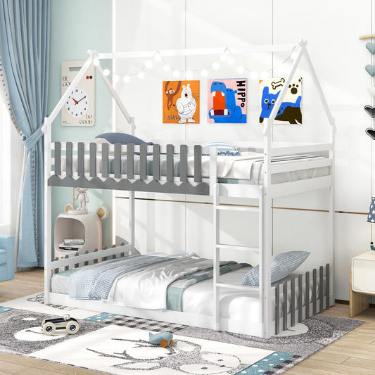 Twin Over Twin Bunk Bed With Fence And Ladder, White Bunk Bed Frame White at Gallery Canada