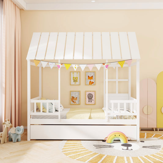 Twin Size House Bed With Trundle, Platform, Roof Window, White Beds & Bed Frames White at Gallery Canada