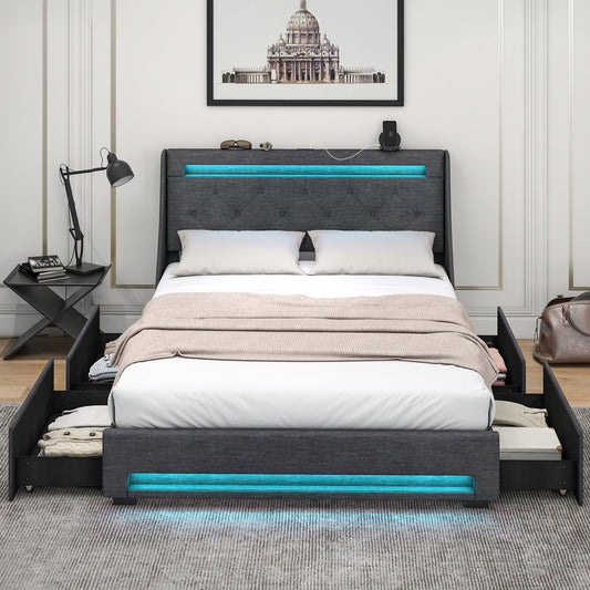 Full Size Bed Frame, LED Headboard, Charging Station, Gray Simple Bed Frame Gray at Gallery Canada