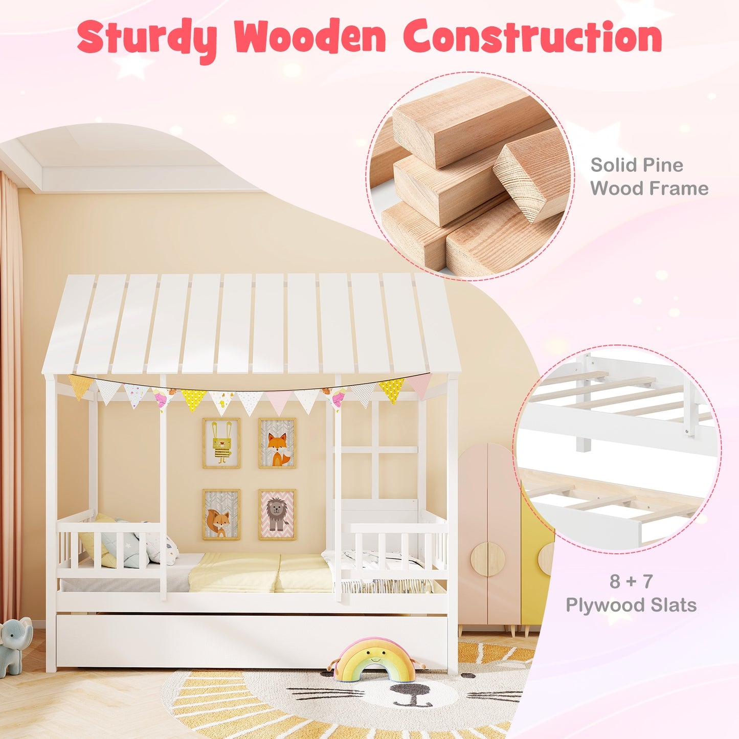 Twin Size House Bed With Trundle, Platform, Roof Window, White Beds & Bed Frames at Gallery Canada