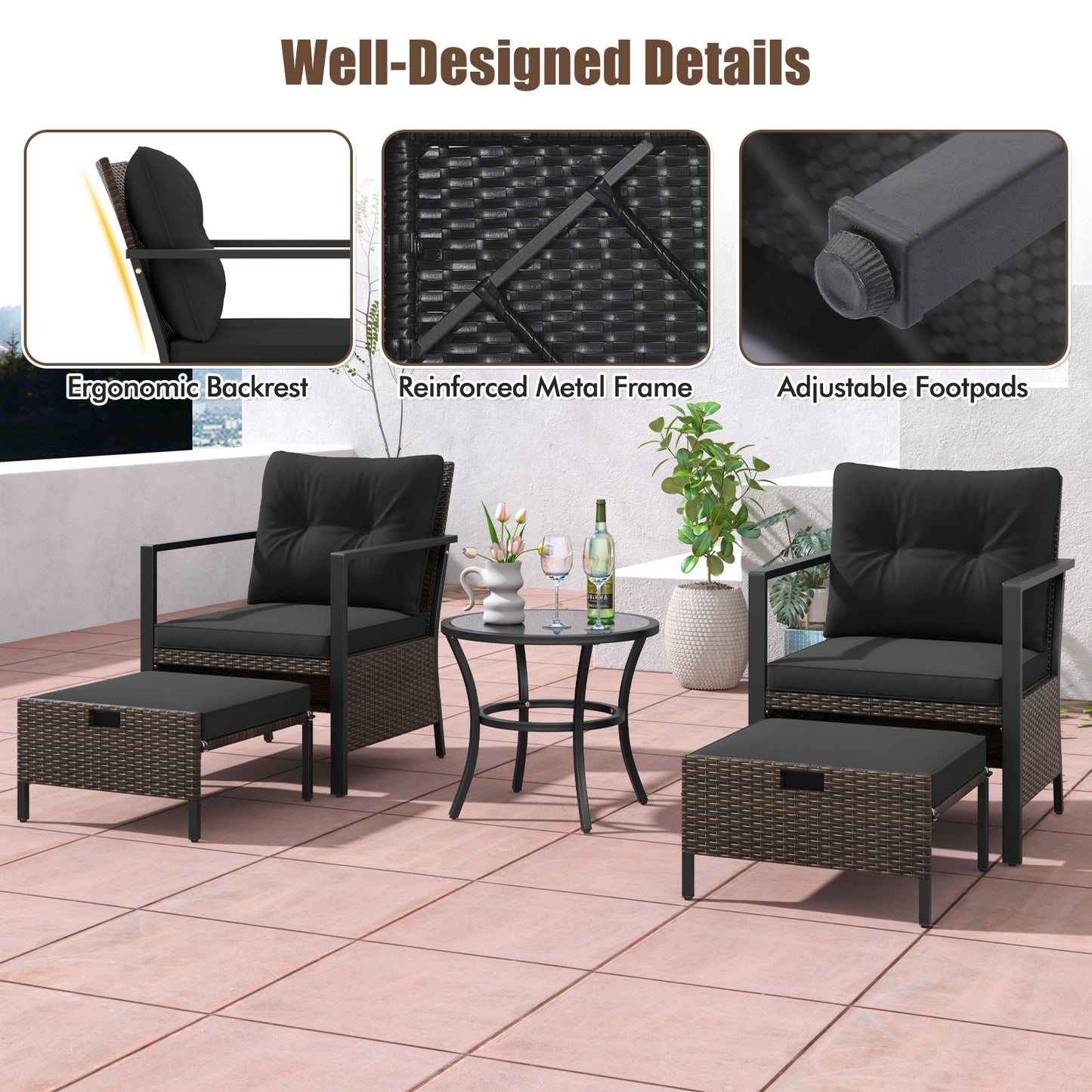 Ensemble de mobilier d'extérieur 4 pièces, table basse à plateau en verre, noir