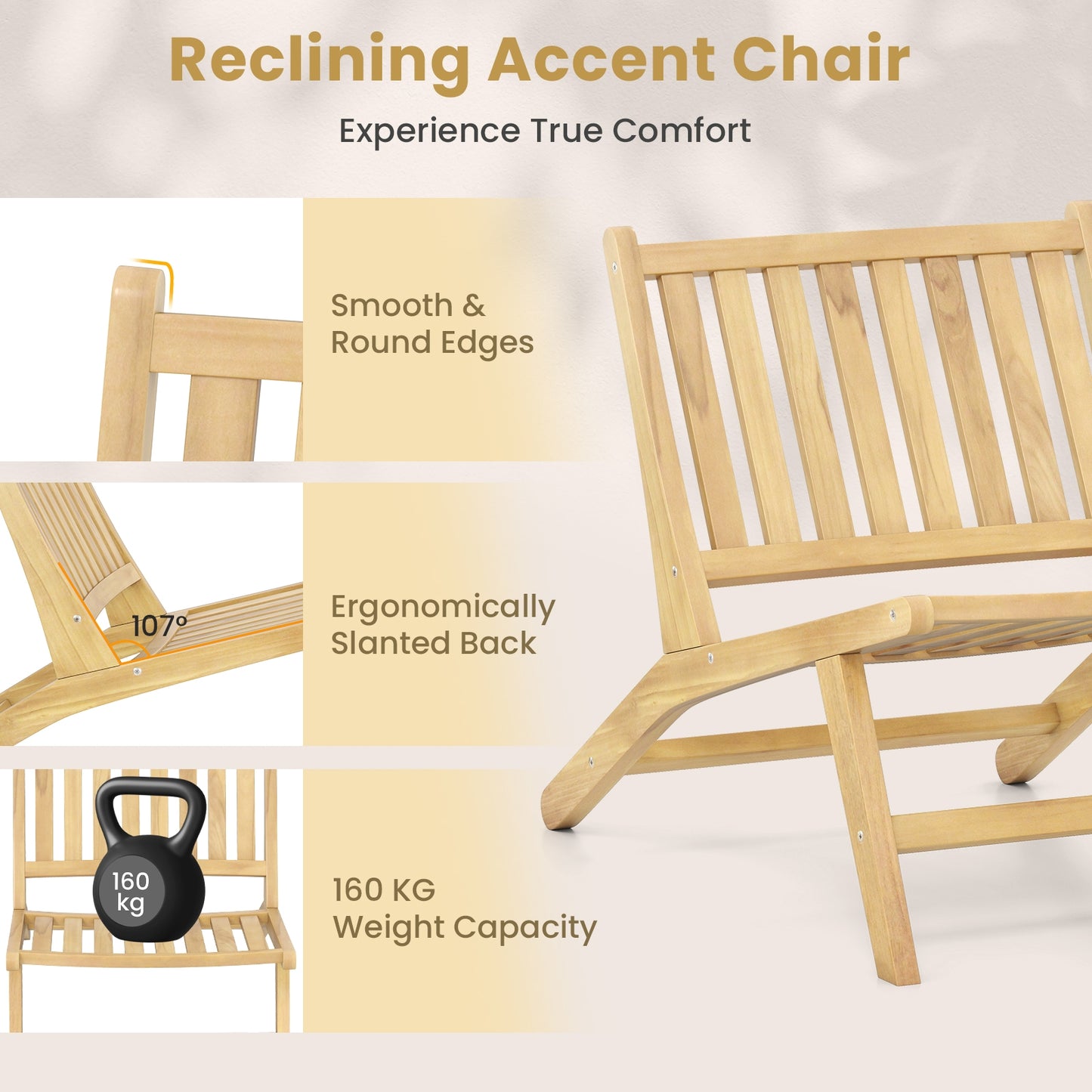 Teak Wood Outdoor Reclining Chair with Comfortable Backrest, Natural