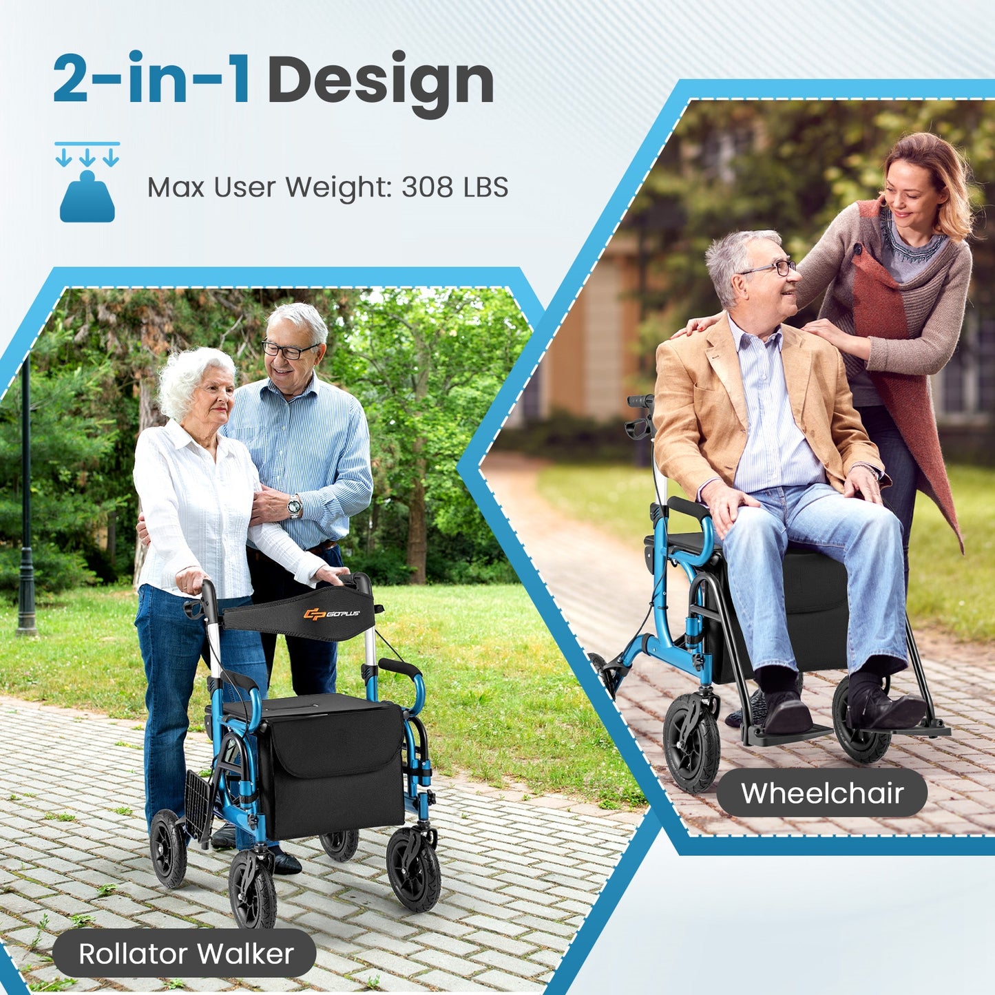 Foldable Rollator Walker With Seat, 9 Inch Pneumatic Tires, Navy Walkers & Rollators at Gallery Canada
