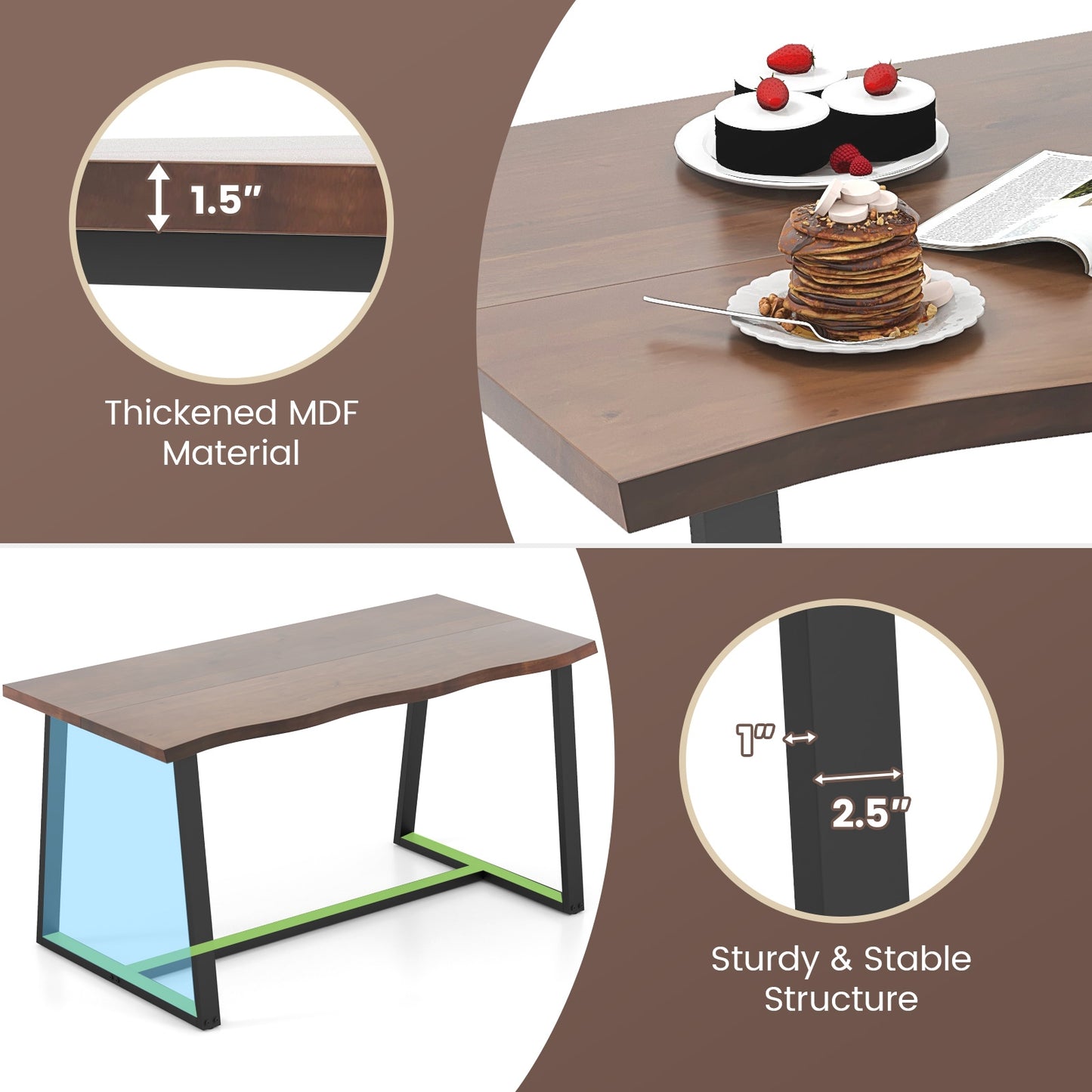 63" Large Dining Table, Wavy Edge, Heavy-Duty Metal Frame, Coffee Dining Tables at Gallery Canada