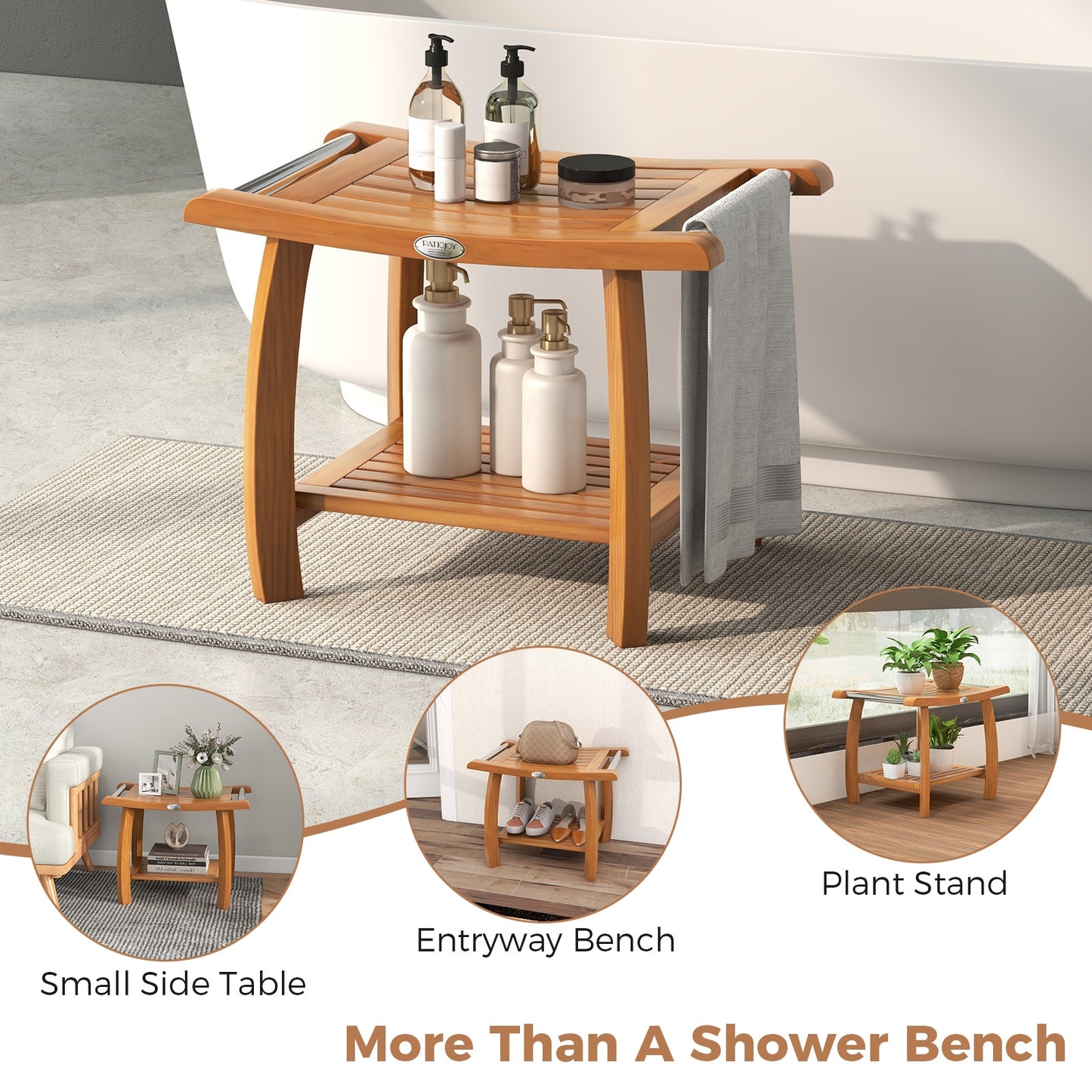 2-Tier Teak Wood Shower Bench, Curved Seat, Natural Bath Safety at Gallery Canada