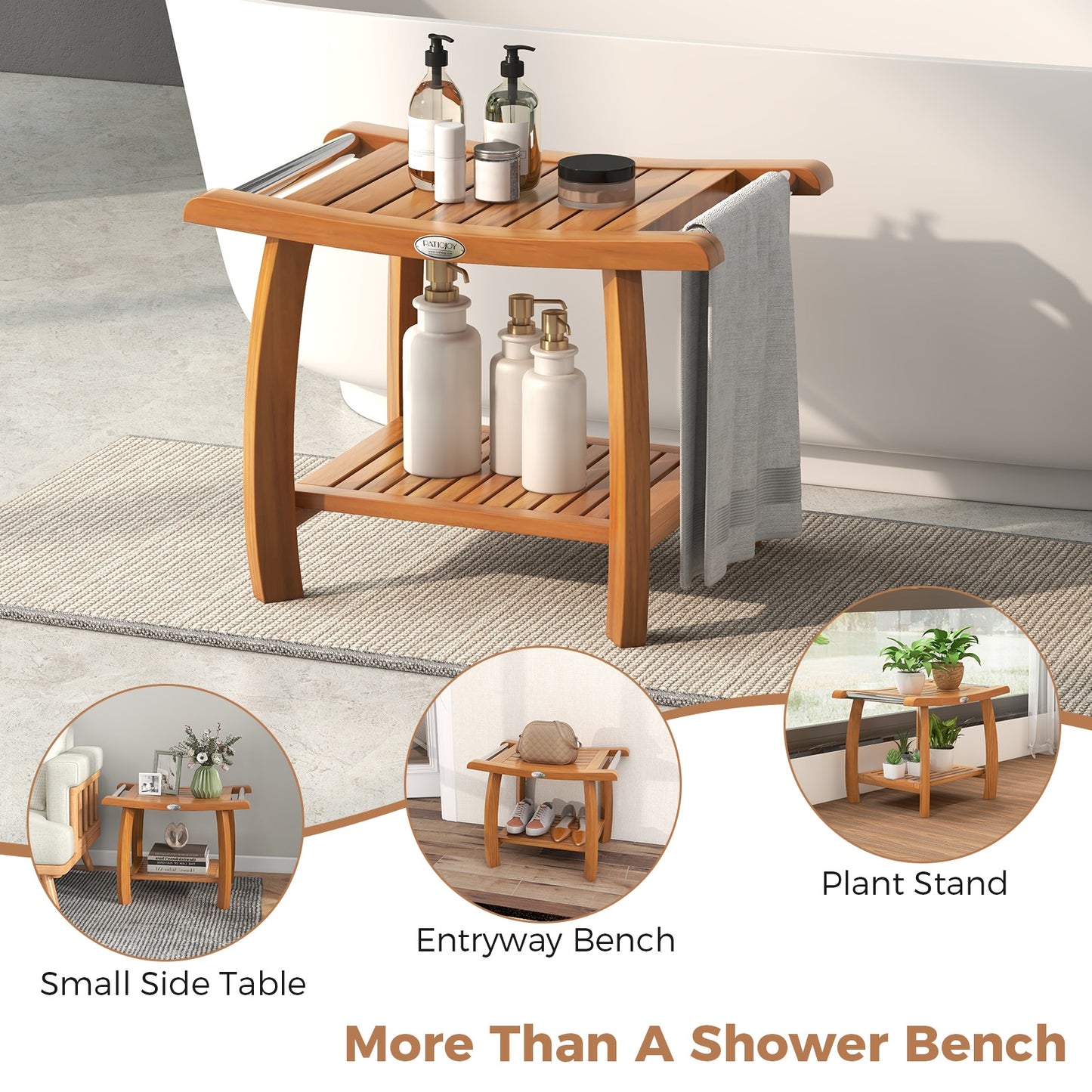 2-Tier Teak Wood Shower Bench, With Curved Seat, Natural Bath Safety at Gallery Canada
