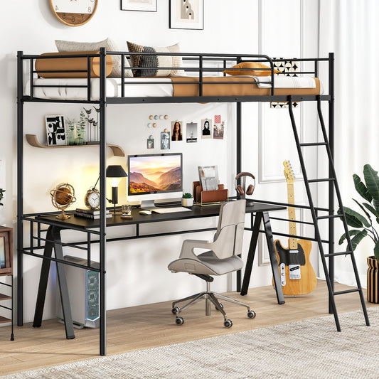 Twin Size Loft Bed Metal Bed Frame with Ladder and Guardrails, Black Bunk Bed Frame Black at Gallery Canada