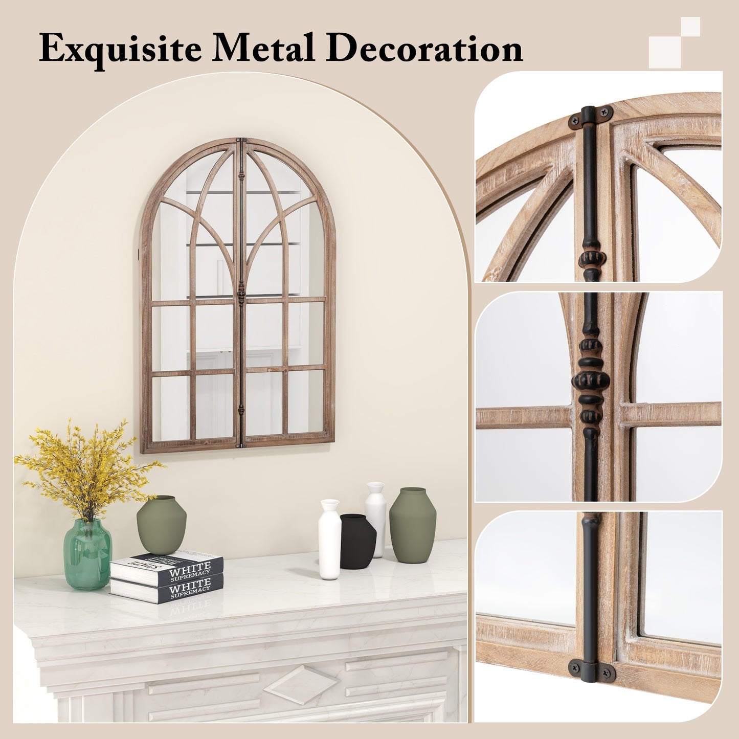 Arched Window Pane Mirror, Wall Mounted, Natural Wall Mirrors at Gallery Canada