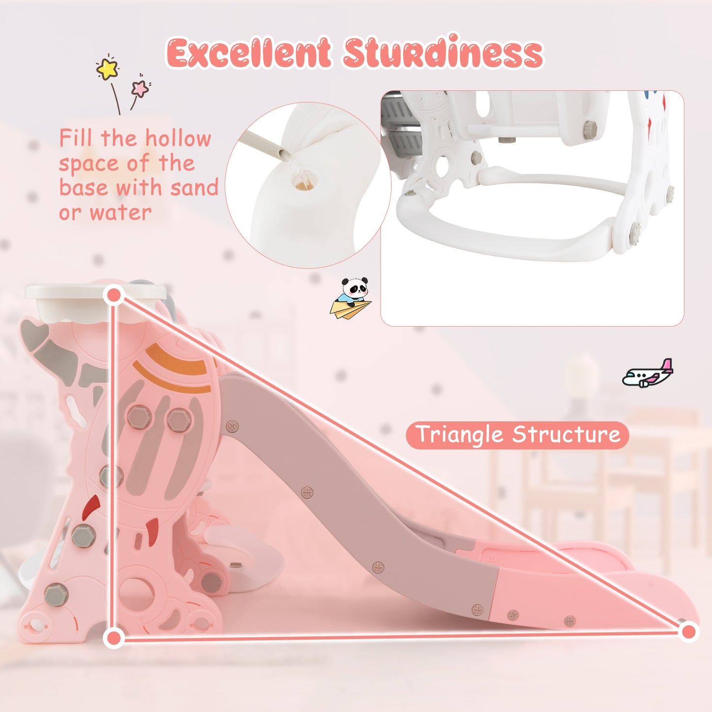 Ensemble de Toboggan et Balançoire pour Enfants avec Panier de Basketball, Rose