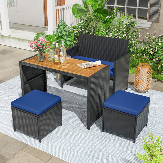 4 Piece Outdoor Dining Set, Wood Table, Rattan Loveseat, 2 Ottomans, Navy Patio Conversation Sets Navy at Gallery Canada