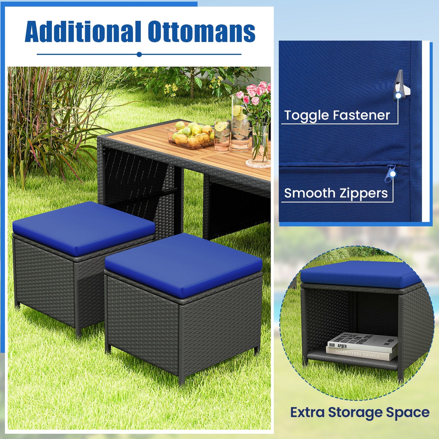 4 Piece Outdoor Dining Set, Wood Table, Rattan Loveseat, 2 Ottomans, Navy Patio Conversation Sets at Gallery Canada
