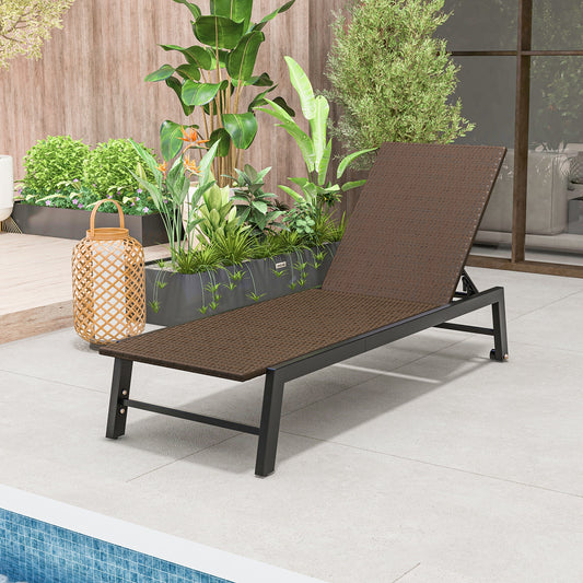 PE Wicker Patio Chaise Lounge Chair With Wheels, Brown Outdoor Chaise Lounges Brown at Gallery Canada