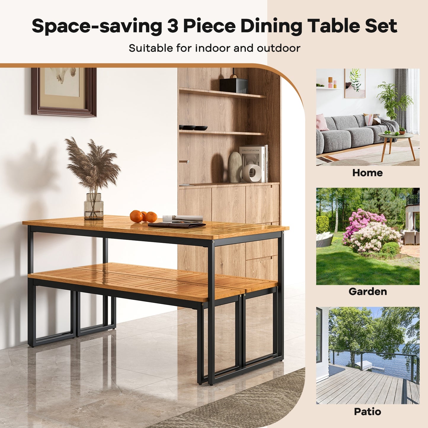 Patio Dining Bench, Backless Slatted Seat, Metal Legs, Natural Outdoor Benches at Gallery Canada