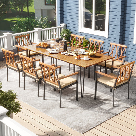 Acacia Wood Outdoor Patio Dining Set, 9 Pieces, 8 Chairs, Natural Patio Dining Sets Natural at Gallery Canada