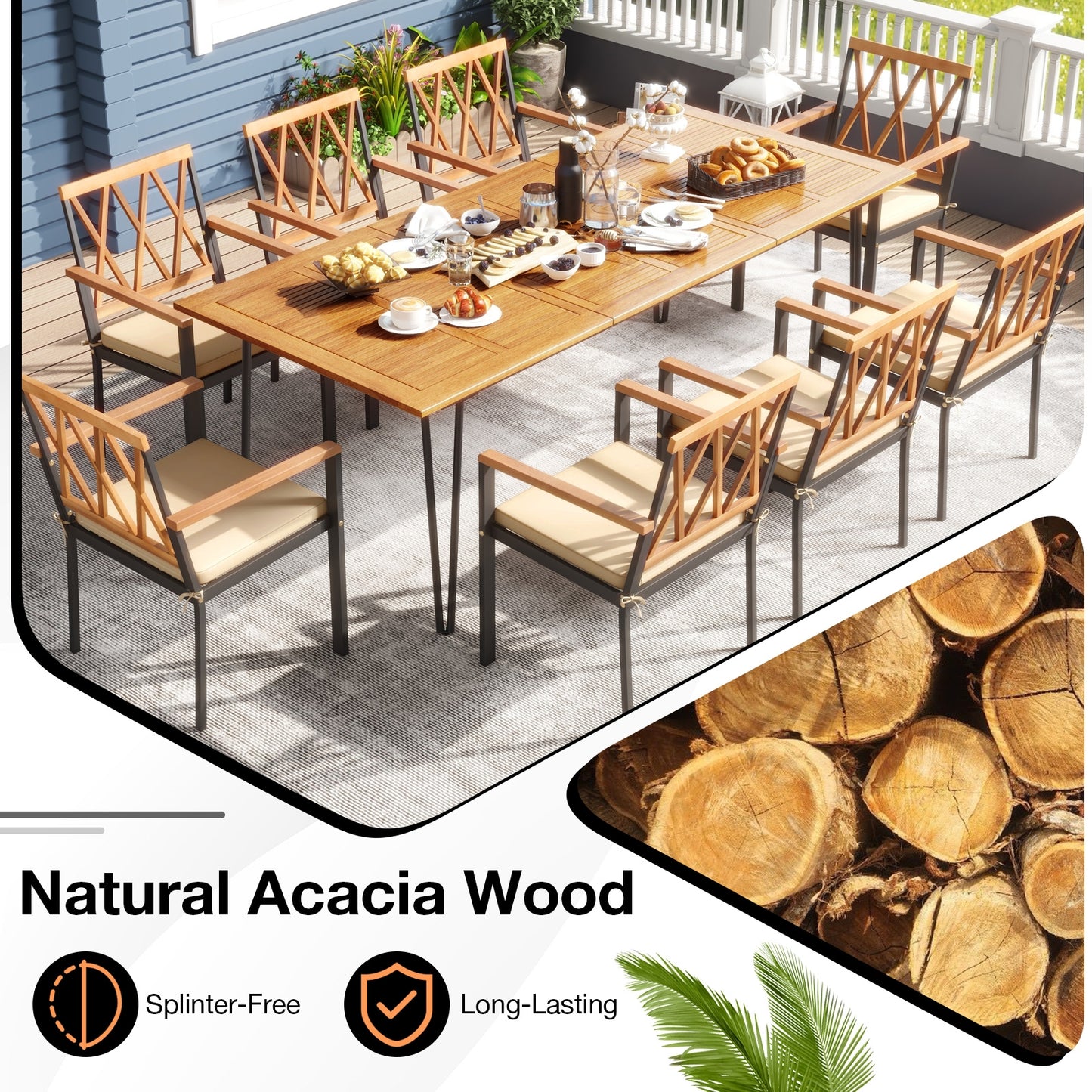 Acacia Wood Outdoor Furniture Set 9 Pieces Patio Dining Set with 8 Chairs, Natural Patio Dining Sets at Gallery Canada