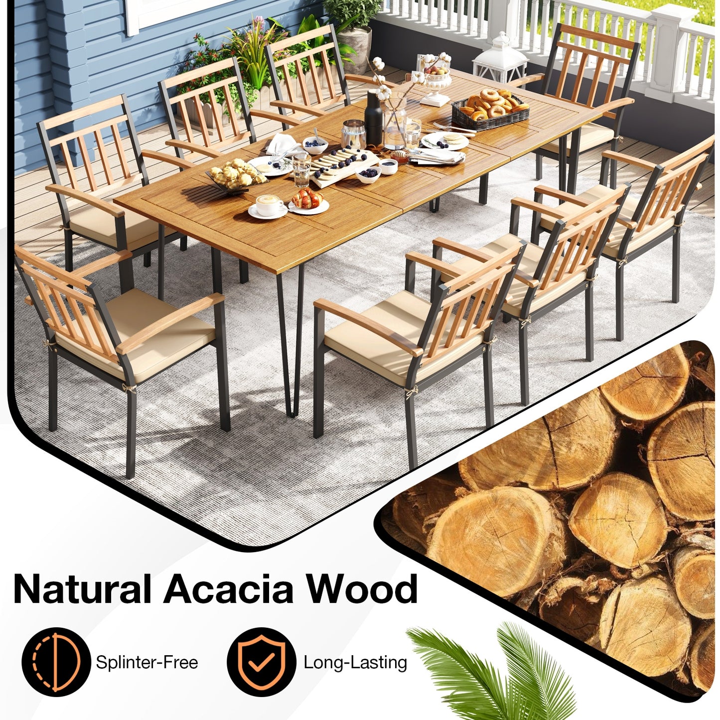 9 Piece Patio Dining Set, 8 Chairs, Umbrella Hole, Natural Patio Dining Sets at Gallery Canada