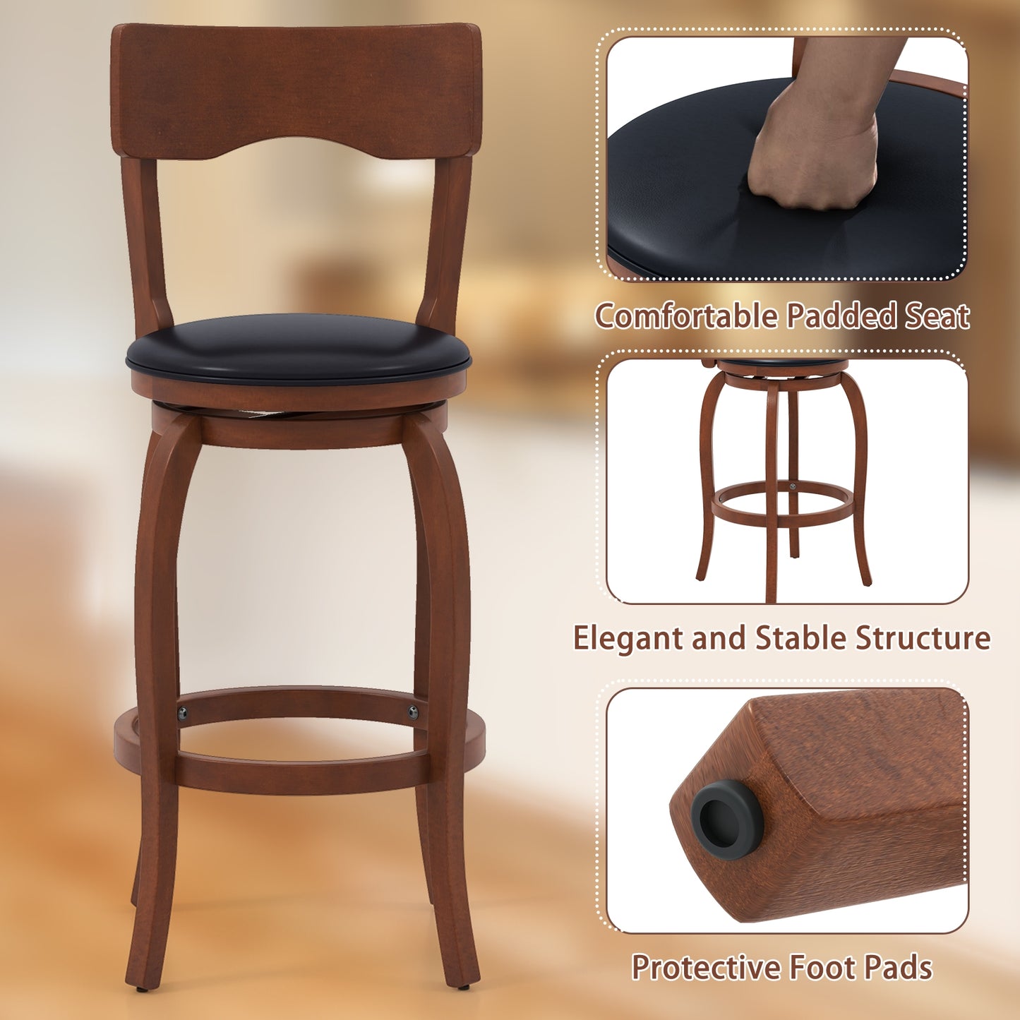 Swivel Bar Stools Set of 2 with Rubber Wood Frame and Upholstered Seat-29 Inch, Black & Brown Bar Stools at Gallery Canada