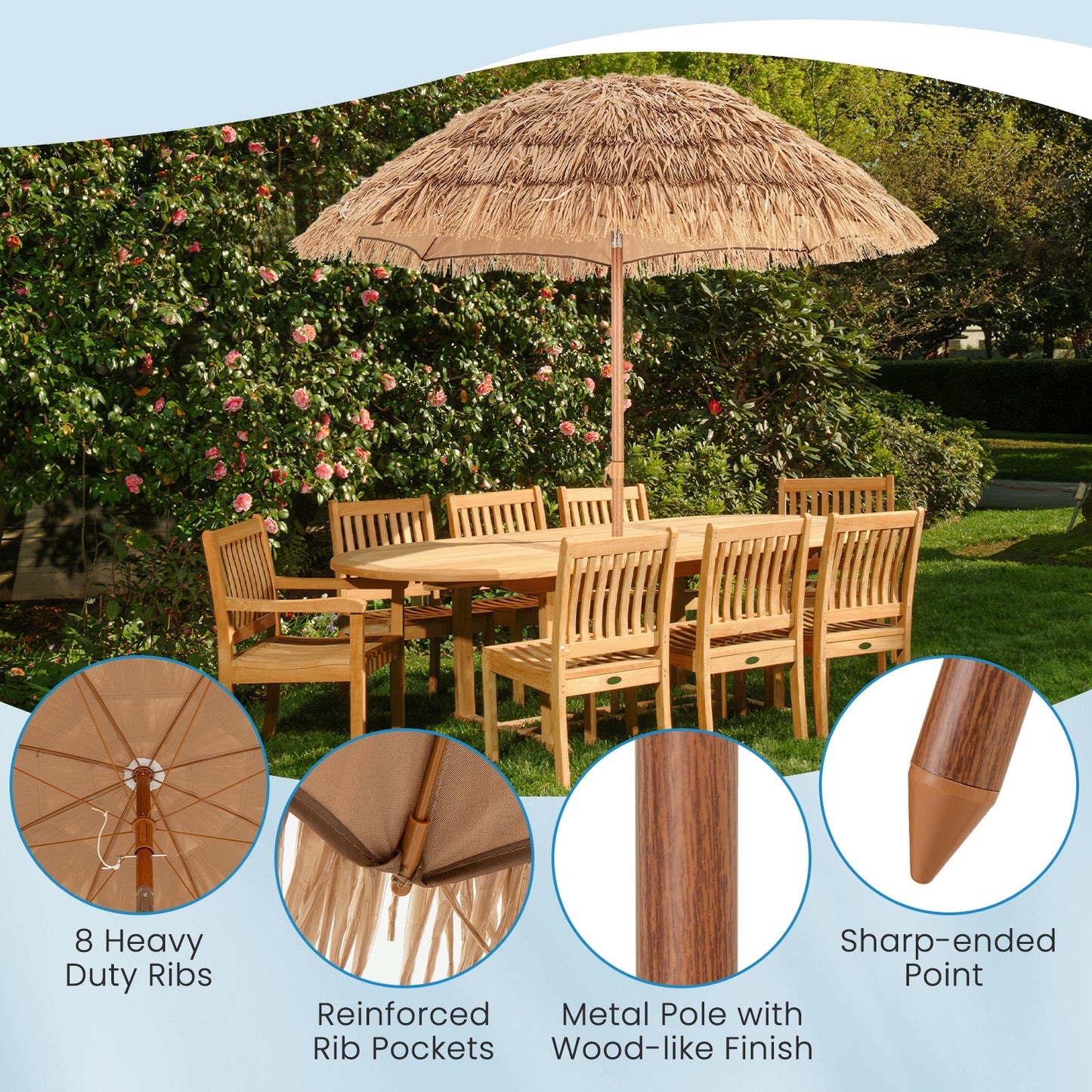 6.5 Feet Thatched Tiki Umbrella, Natural, Foldable Stand, Push Button Tilt Outdoor Umbrellas at Gallery Canada
