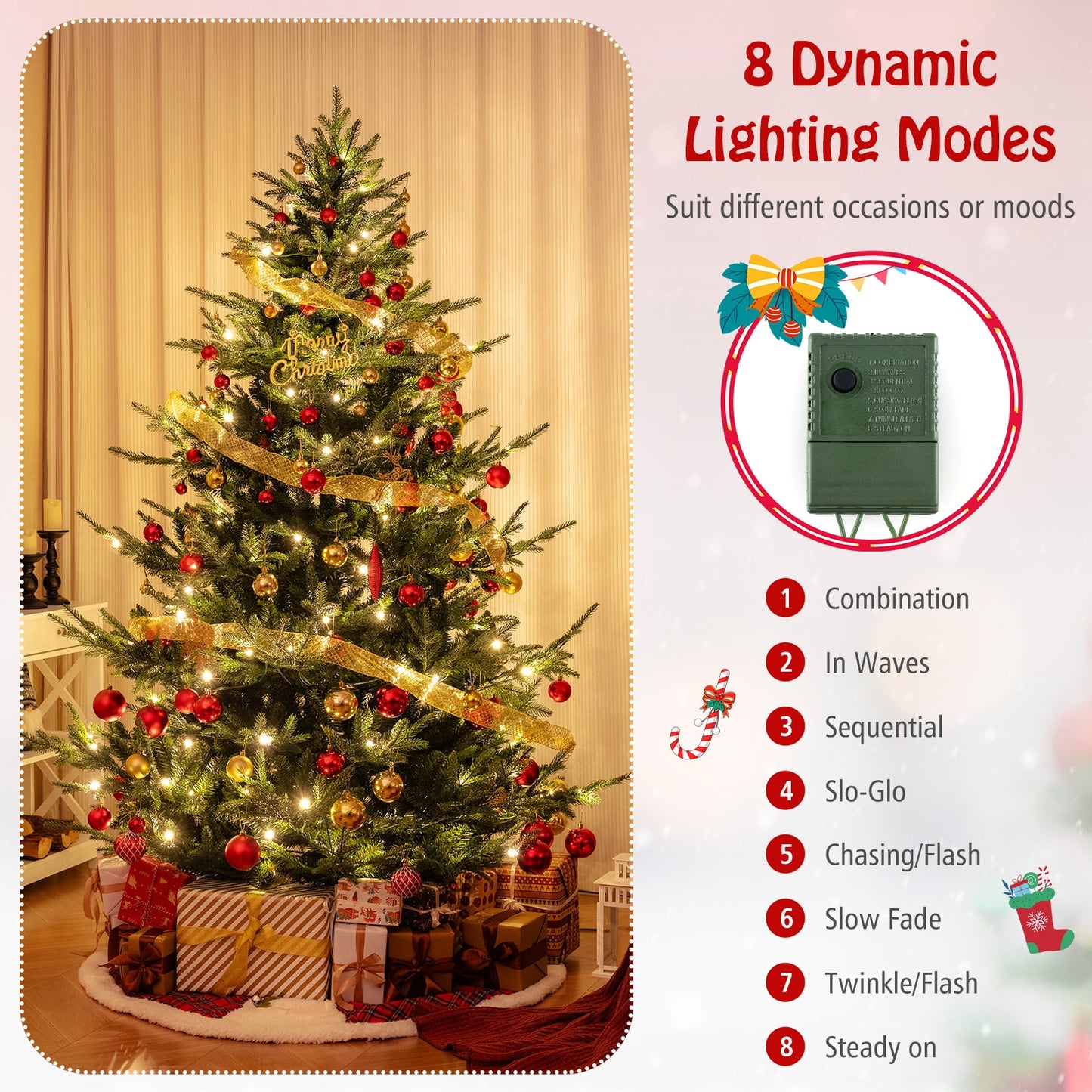 6/7/8 FT Pre-Lit Artificial Hinged Xmas Tree, 778/1480 PVC and PE Branch Tips, Green Christmas Tree at Gallery Canada
