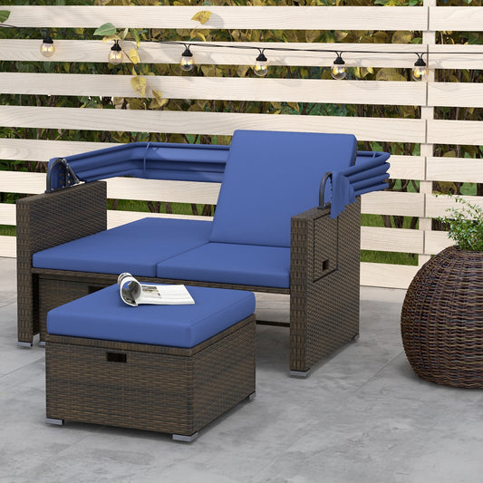 Outdoor Rattan Daybed, Retractable Canopy, Adjustable Backrests, Navy Outdoor Sectionals Navy at Gallery Canada