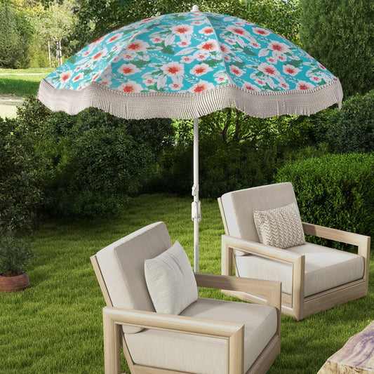 6.5 FT Beach Umbrella With Fringe, Push Button Tilt, Green Outdoor Umbrellas Green at Gallery Canada