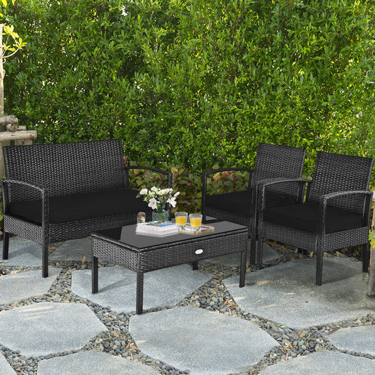 4 Piece Patio Rattan Cushioned Furniture Set, Black