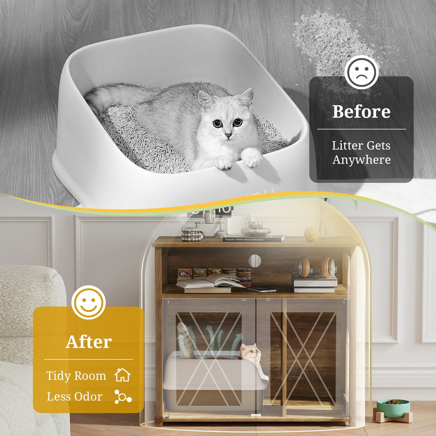 Cat Litter Box Enclosure with Double Barn Doors Divider Side Entry and Storage Shelf, Oak Cat Houses at Gallery Canada
