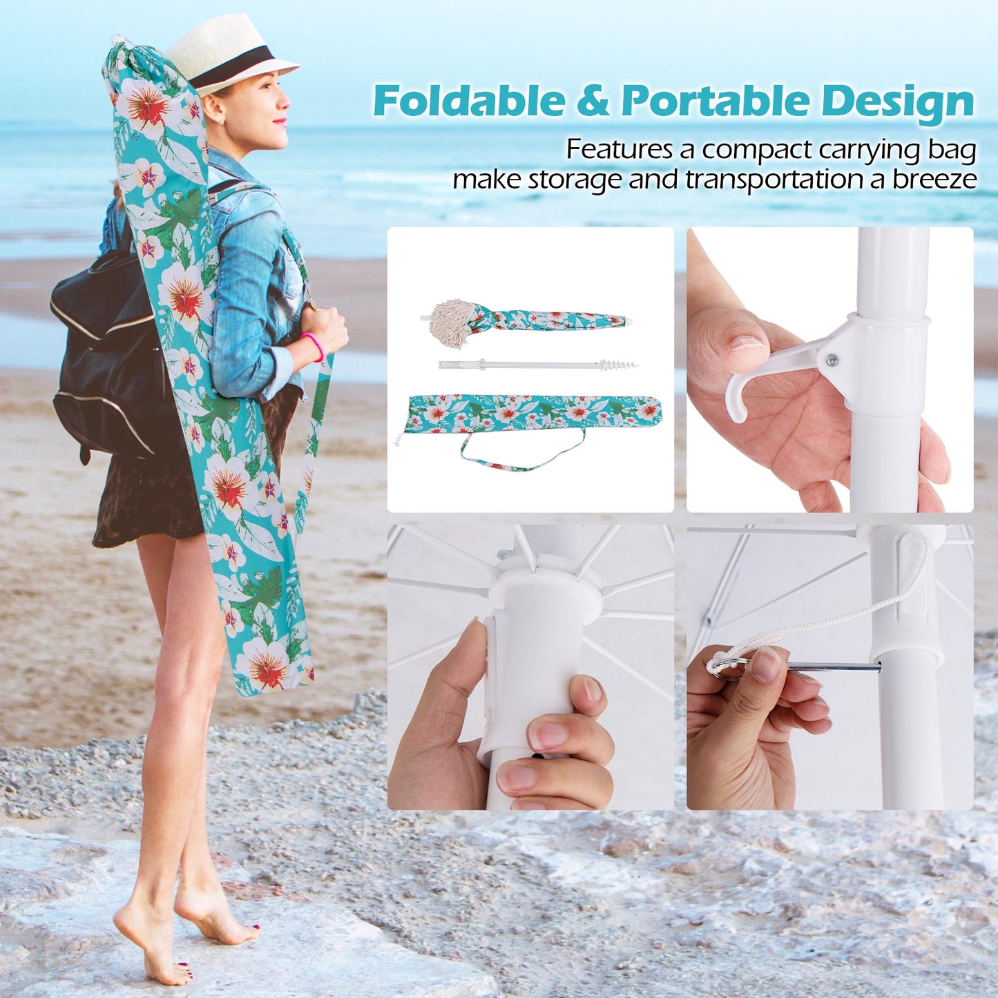 6.5 FT Parapluie de Plage Avec Frange, Inclinaison à Bouton-Poussoir, Vert