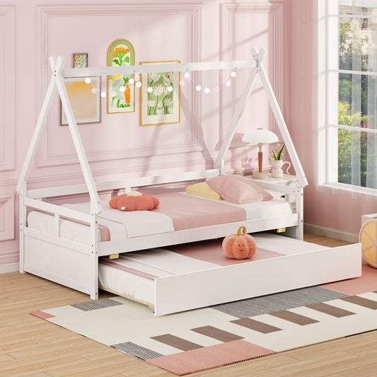 Twin Size House Bed with Trundle and Safety Guardrail, White Trundle Bed Frame White at Gallery Canada