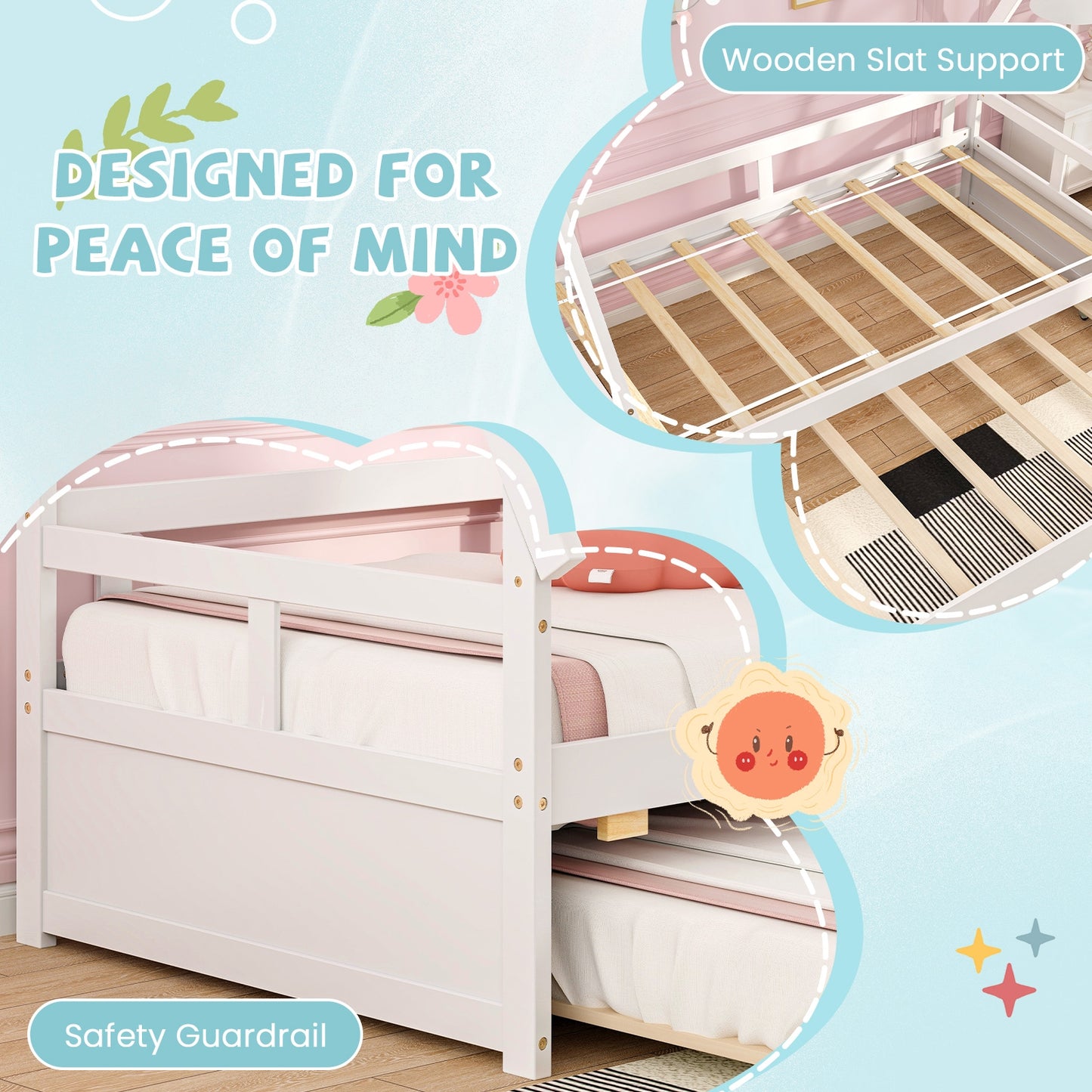 Twin Size House Bed With Trundle, Safety Guardrail, White Trundle Bed Frame at Gallery Canada