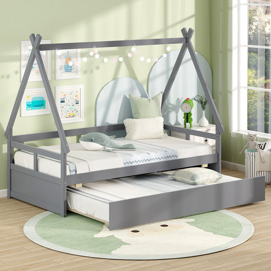 Twin Size House Bed with Trundle and Safety Guardrail, Gray Trundle Bed Frame Gray at Gallery Canada