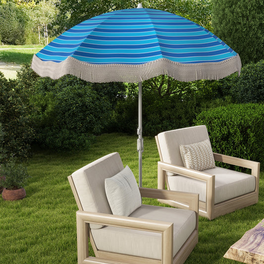 6.5 FT Beach Umbrella With Fringe, Push Button Tilt, Navy Outdoor Umbrellas Navy at Gallery Canada