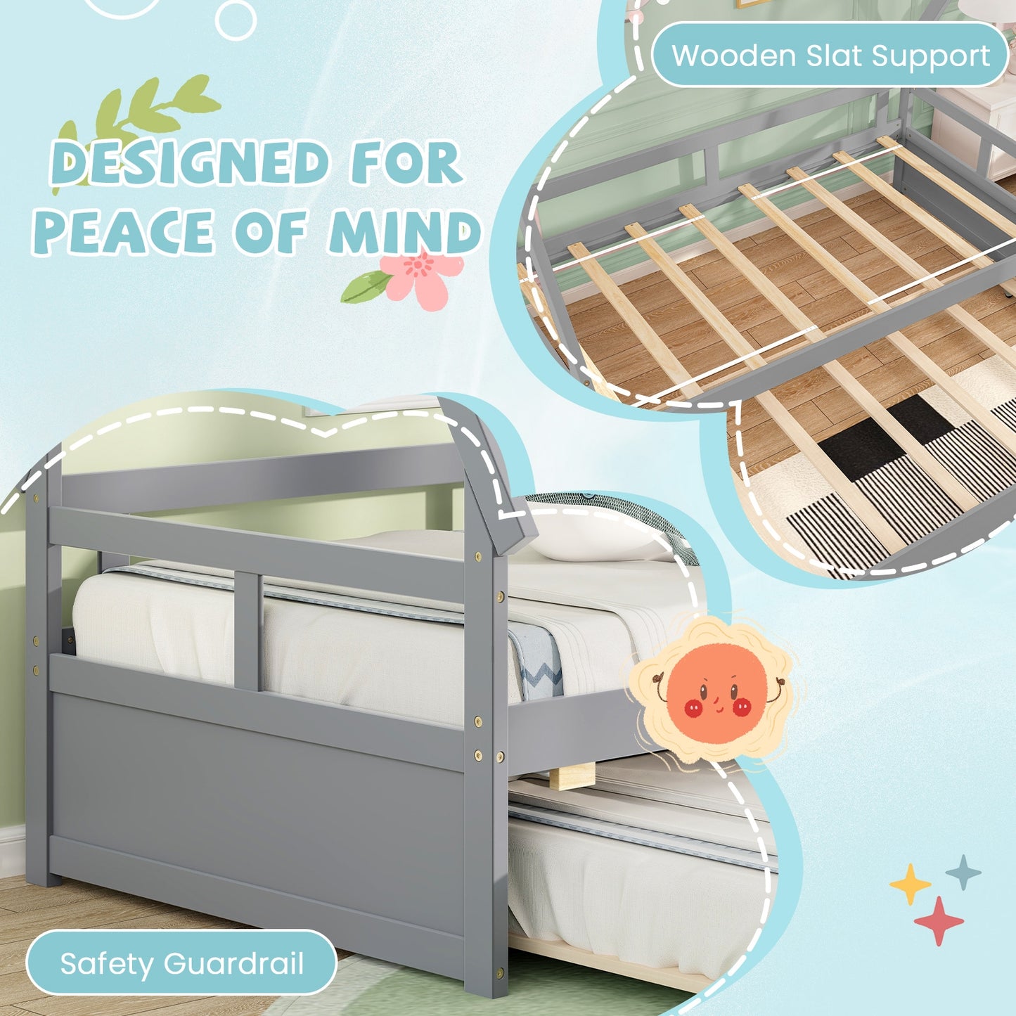 Twin Size House Bed with Trundle and Safety Guardrail, Gray Trundle Bed Frame at Gallery Canada