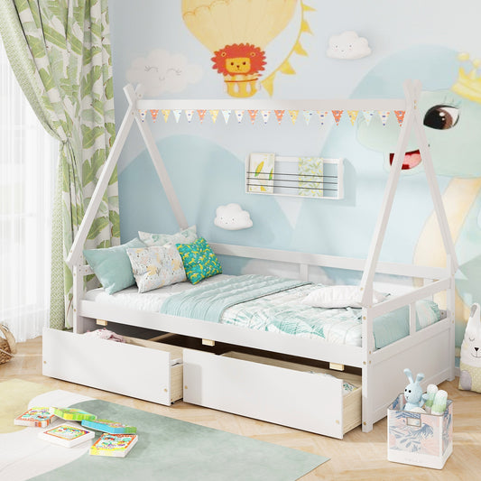 Twin Size House Bed With Roof, Safety Guardrail, White Toddler Beds White at Gallery Canada