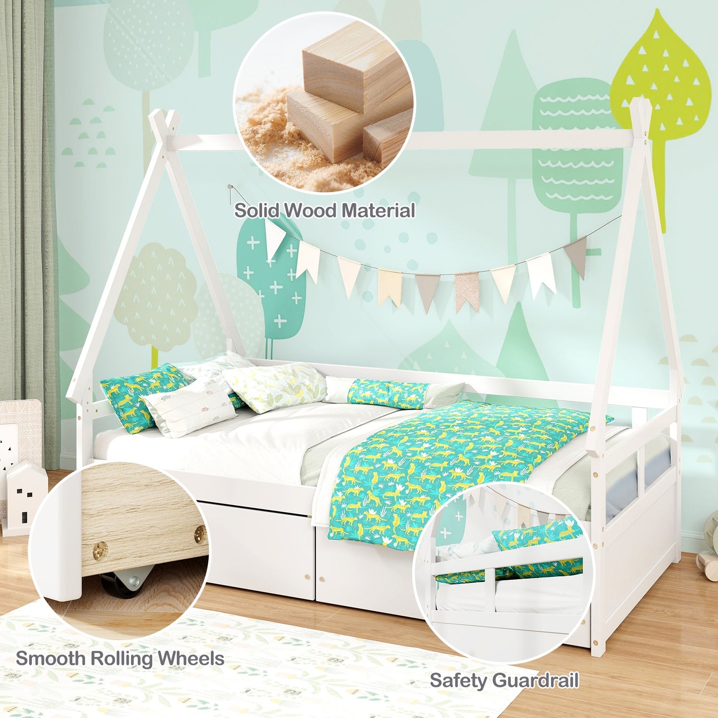 Twin Size House Bed With Roof, Safety Guardrail, White Toddler Beds at Gallery Canada