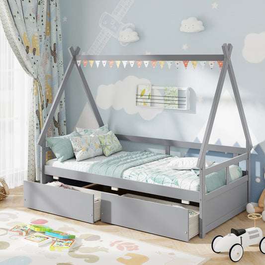 Twin Size House Bed with Roof and Safety Guardrail, Gray Toddler Beds Gray at Gallery Canada