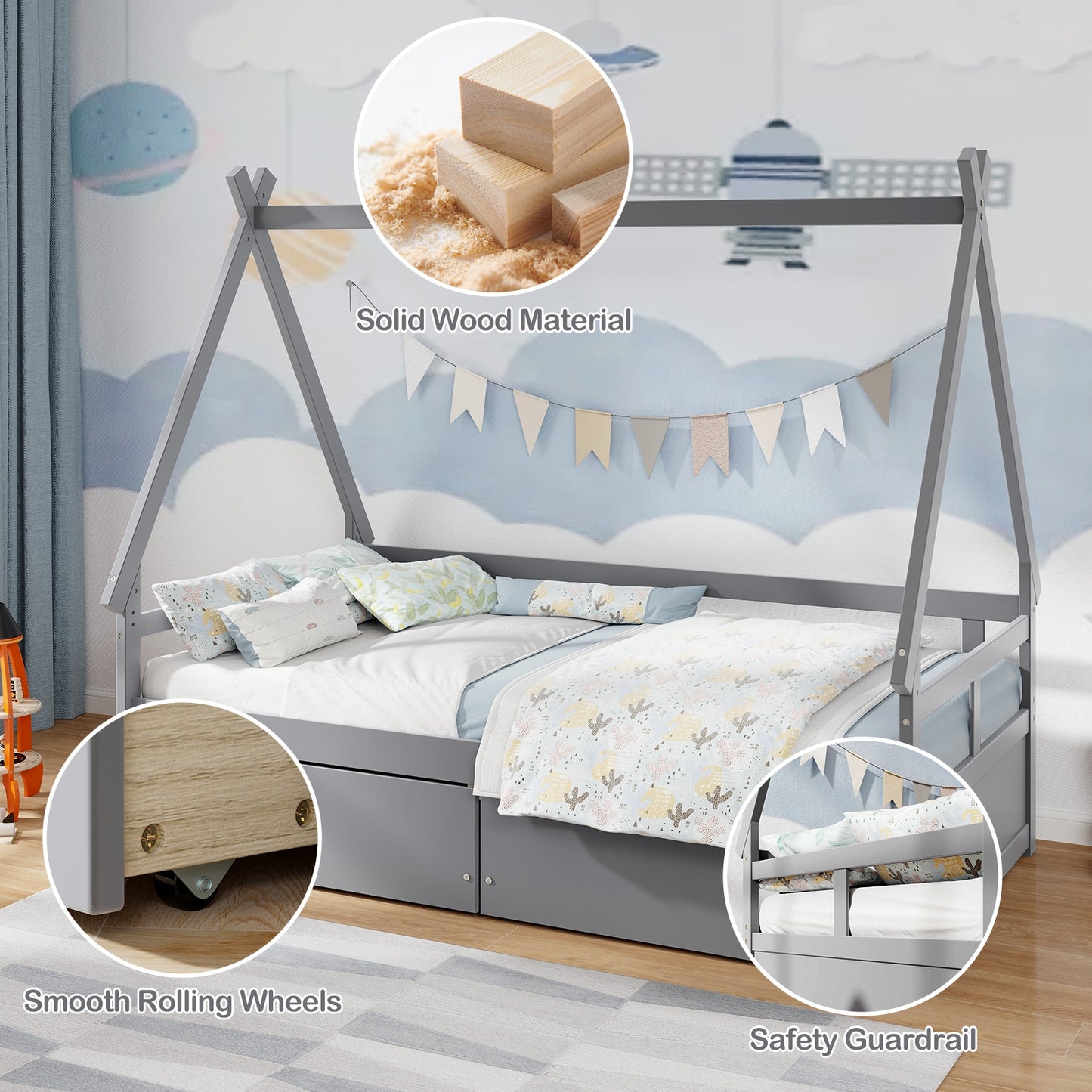 Twin Size House Bed With Roof, Safety Guardrail, Gray Toddler Beds at Gallery Canada