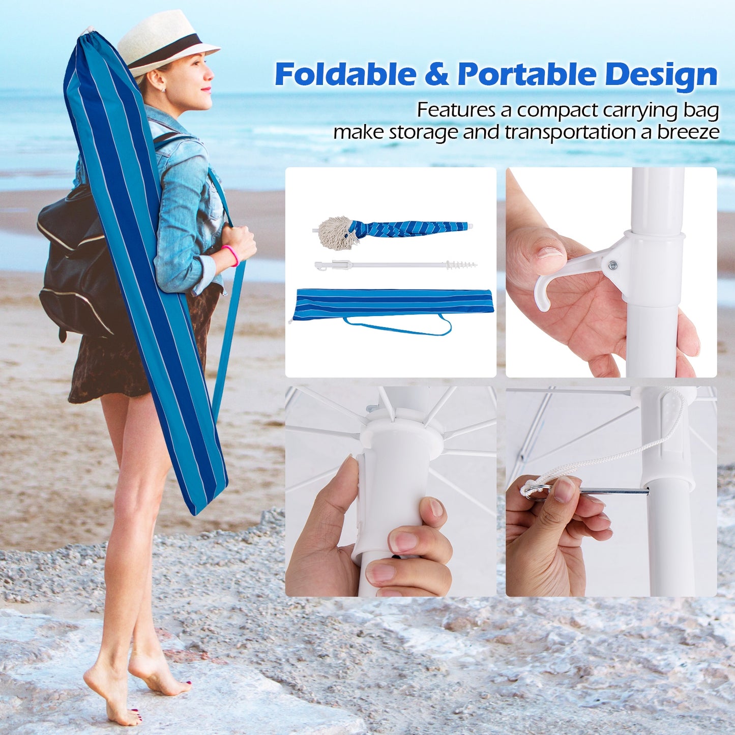 6,5 FT Parasol de Plage Avec Frange, Inclinaison à Bouton-Poussoir, Marine
