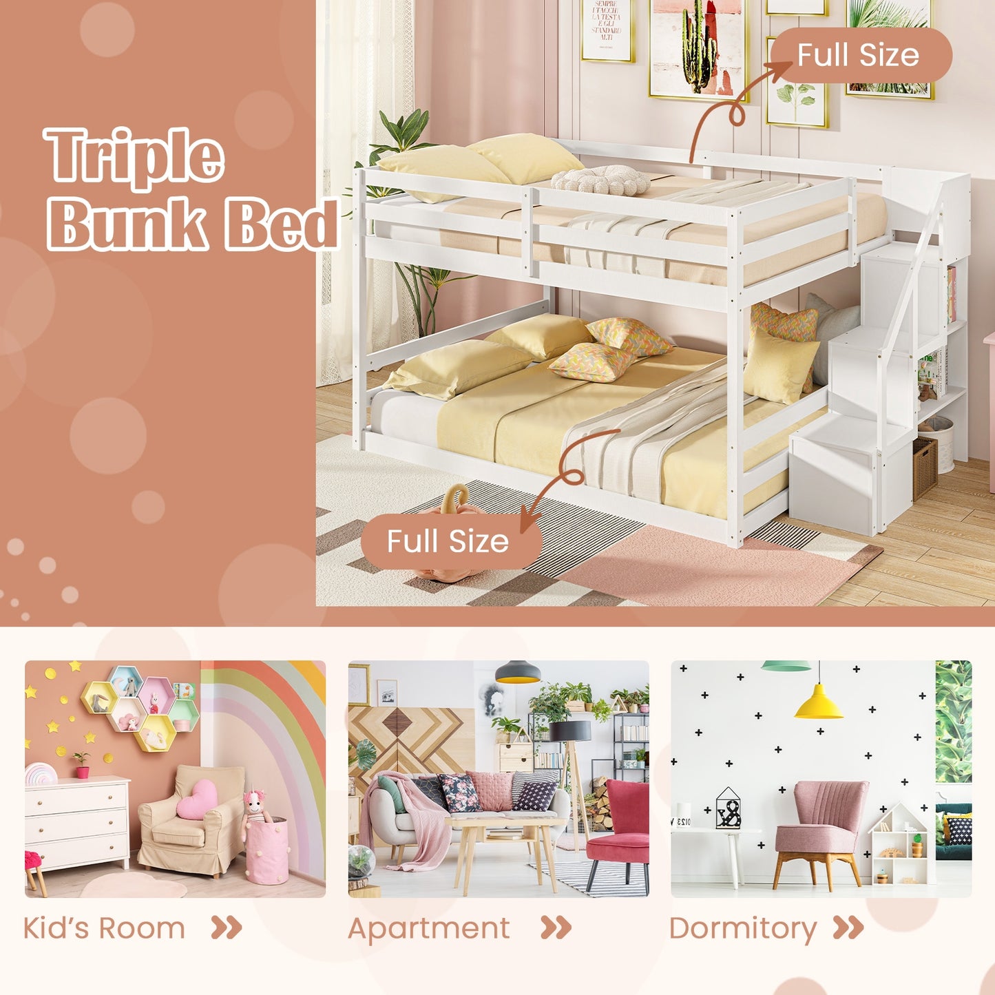 Solid Wood Full Over Full Low Bunk Bed, Storage Stairs, White Bunk Bed Frame at Gallery Canada