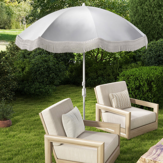 6.5 FT Beach Umbrella With Fringe Tassel, Push Button Tilt, White Outdoor Umbrellas White at Gallery Canada