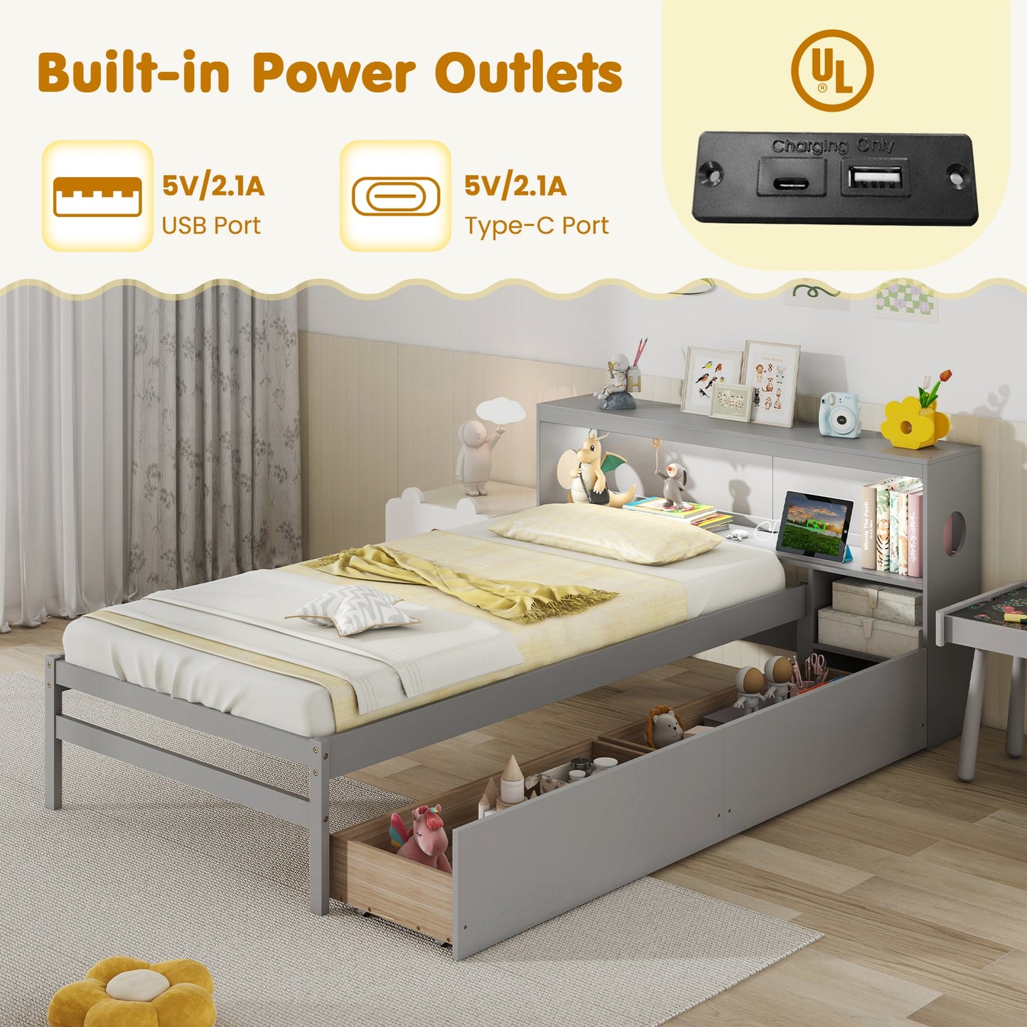 Twin Size Bed Frame With LED Light, Bookcase Headboard, Gray Trundle Bed Frame at Gallery Canada