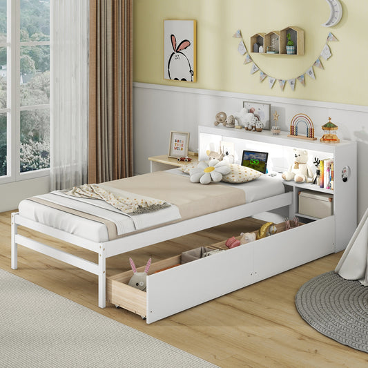 Twin Size Bed Frame With LED Light, Bookcase Headboard, White Trundle Bed Frame White at Gallery Canada