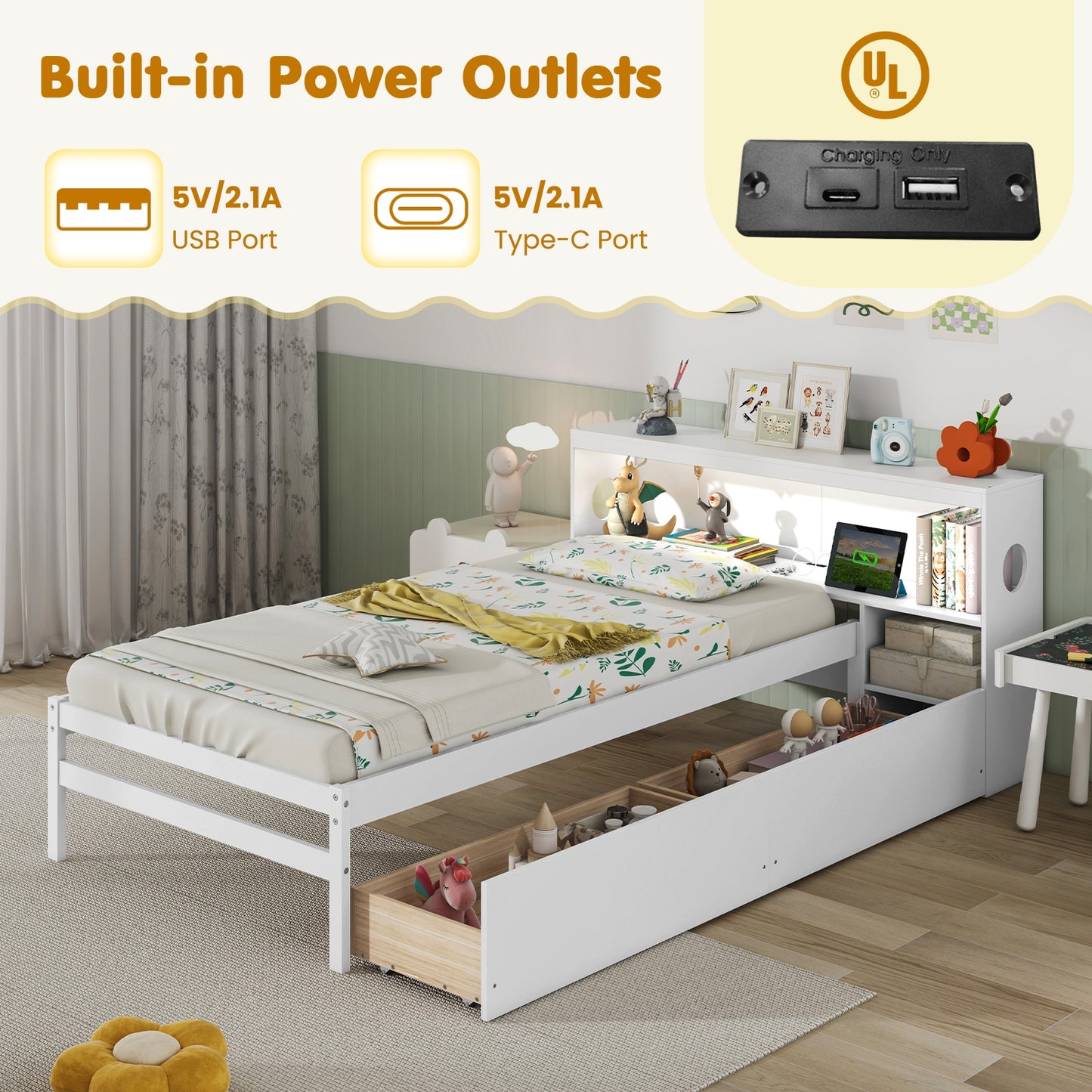 Twin Size Bed Frame With LED Light, Bookcase Headboard, White Trundle Bed Frame at Gallery Canada