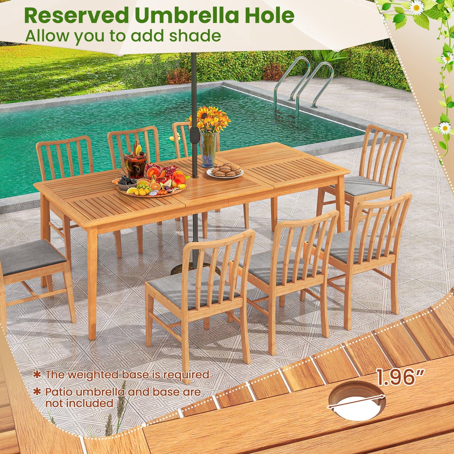 8-Person Outdoor Acacia Wood Dining Rectangular Bistro Table with Umbrella Hole, Natural Patio Dining Tables at Gallery Canada