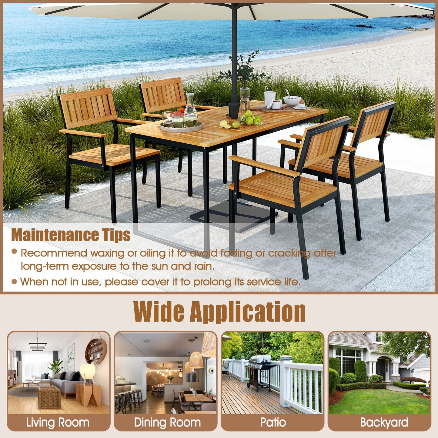 Outdoor Dining Chair Set, 2 Metal Acacia Wood Frame, Natural Patio Dining Chairs at Gallery Canada