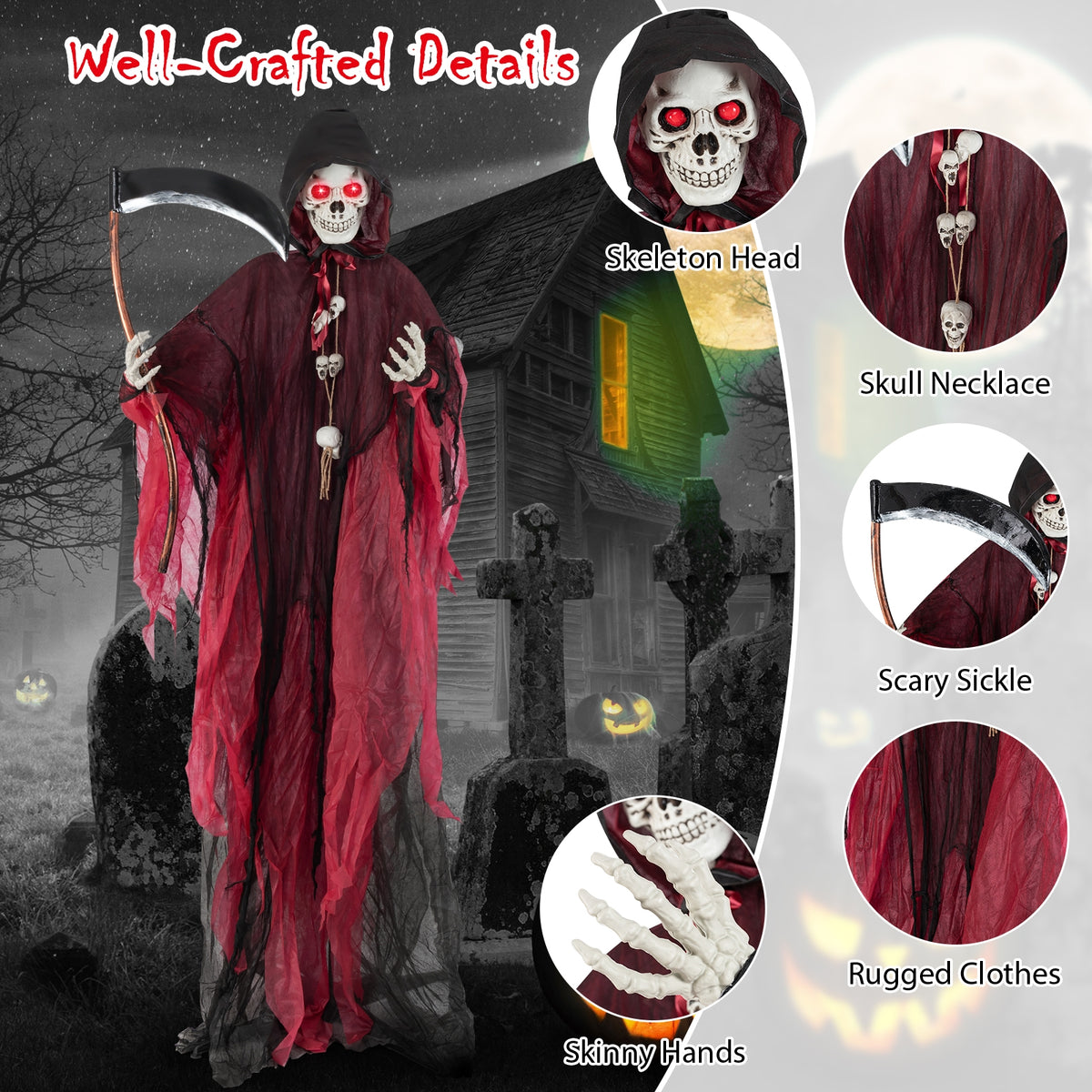 8 Feet Halloween Grim Reaper, Terrifying Sounds, Lighted Eyes, Red, Black Halloween at Gallery Canada