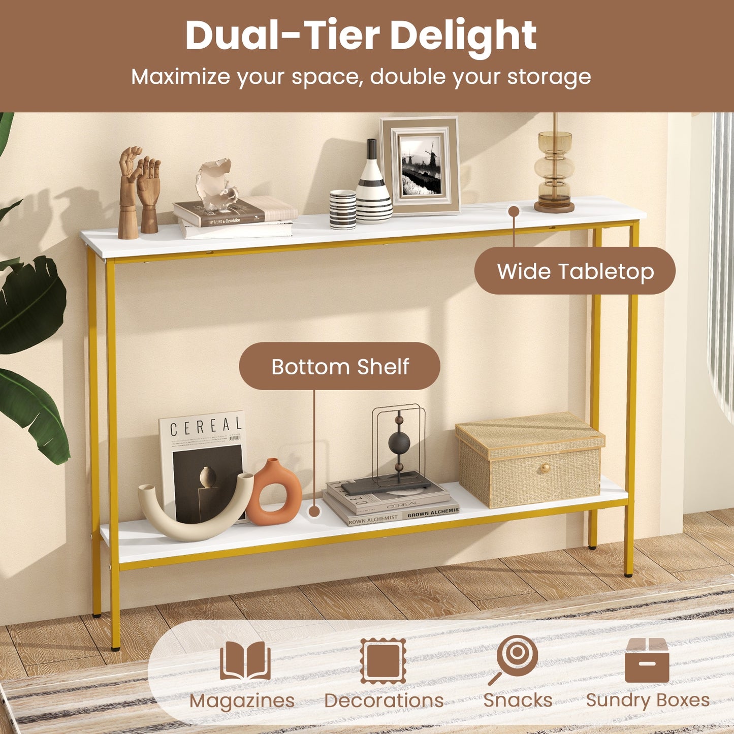 44 Inch Console Table With Shelf, Dual Anti-Tipping Kits, White Console Tables at Gallery Canada