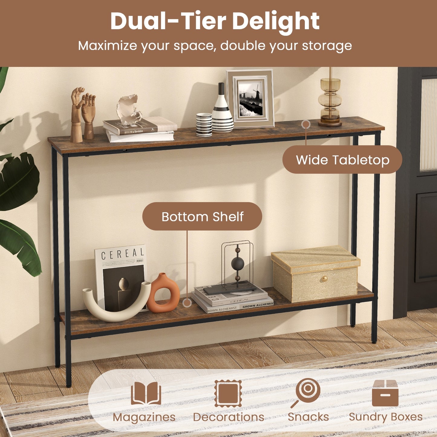 44 Inch Console Table With Shelf, Anti-Tipping Kits, Rustic Brown Console Tables at Gallery Canada